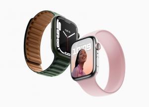 Apple Watch Series 7 shown with two different watch bands.,