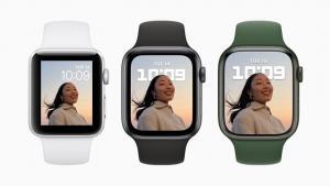 Apple Watch Series 7 is shown in three colorways with two different watch faces.,