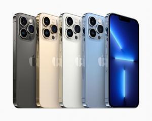 iPhone 13 Pro in graphite, gold, silver, and sierra blue.,