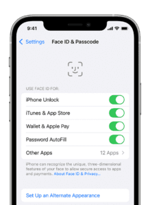 An iPhone showing the screen at Settings > Face ID & Passcode.