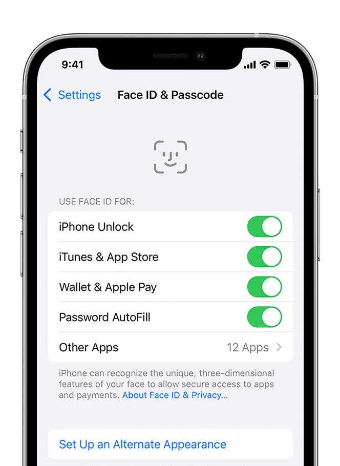 An iPhone showing the screen at Settings > Face ID & Passcode.