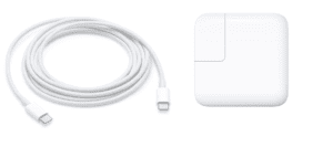 USB-C charge cable next to a 30W USB-C power adapter  
