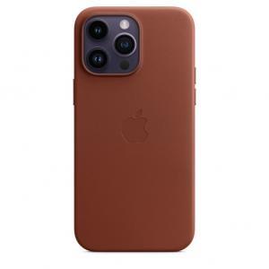 iPhone 14 Pro Max Leather Case with MagSafe in Umber, with iPhone 14 Pro Max in Deep Purple.  
