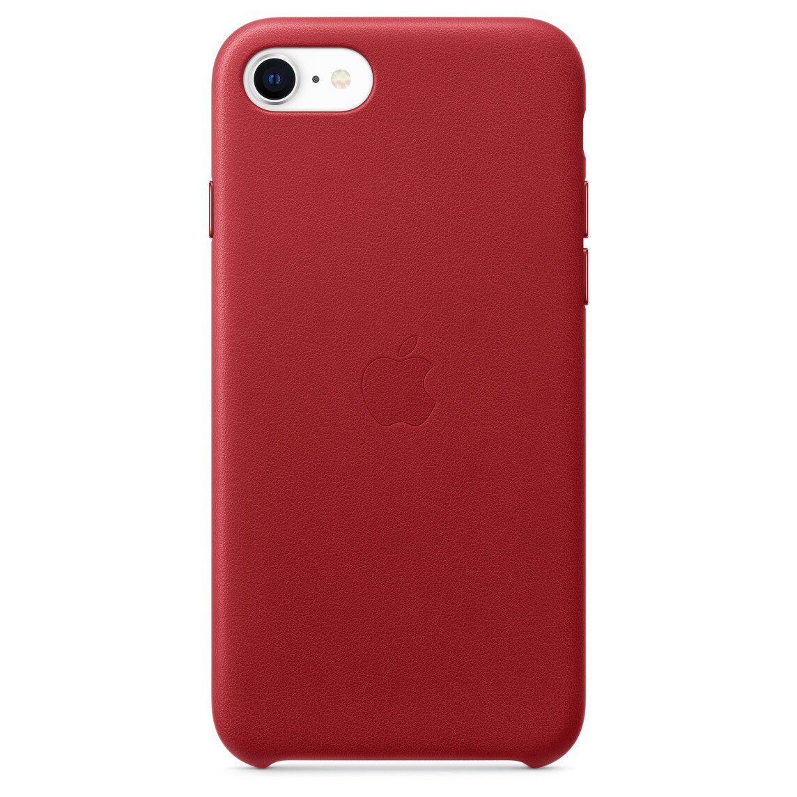 iPhone SE Leather Case in Red, with iPhone SE in Starlight.  