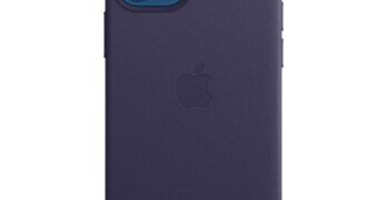 iPhone 12 mini Leather Case with MagSafe in Deep Violet, with iPhone 12 mini in Blue.