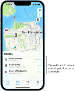 The Find My screen open to the Devices list. There are three devices in the Devices list: Danny’s iPhone, Danny’s iPad, and Danny’s MacBook Pro. Their locations are shown on a map of San Francisco.  