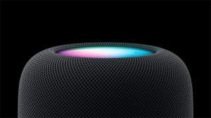 Two HomePod (2nd generation) devices are shown on a black background.  