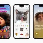 Three iPhone 14 Pro devices show the updated Phone, FaceTime, and Messages experiences in iOS 17.  