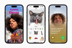 Three iPhone 14 Pro devices show the updated Phone, FaceTime, and Messages experiences in iOS 17.  