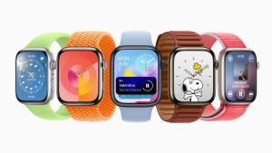 Five Apple Watch devices show features in watchOS 10, including a new Smart Stack and two additional watch faces.  