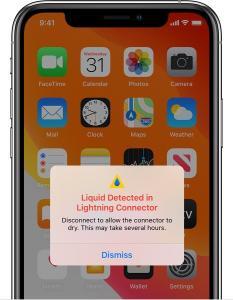 iPhone screen that shows a Liquid Detected in Lightning Connector alert  