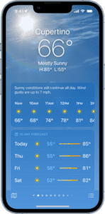 The Weather screen showing from top to bottom: the location, current temperature, the high and low temperatures for the day, hourly forecast, and 10-day forecast. A row of dots at the bottom center shows how many locations are in the location list. At the bottom-right corner is the Location List button and at the bottom-left corner is the Show Map button.  