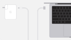 Diagram displaying a power adapter connected to a USB-C to MagSafe 3 cable connected to a Mac laptop  