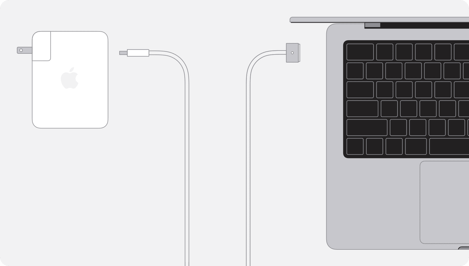 Diagram displaying a power adapter connected to a USB-C to MagSafe 3 cable connected to a Mac laptop  