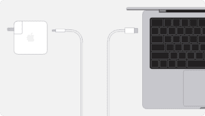 Diagram displaying a power adapter connected to a USB-C to USB-C cable connected to a Mac laptop  
