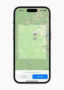 An iPhone 14 Pro user is prompted to download a specific area within Maps so they can access navigation and other features offline