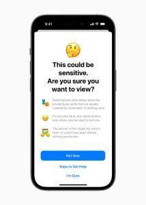 The Sensitive Content Warning feature warns an iPhone 14 Pro user that the content they’ve received could be sensitive and asks, “Are you sure you want to view?”