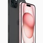 iPhone 15 Plus in black is shown from the back next to iPhone 15 in pink, which is shown from the front.
