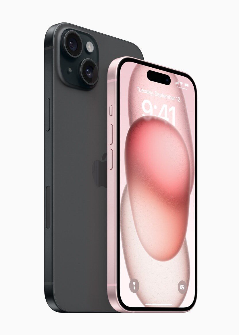 iPhone 15 Plus in black is shown from the back next to iPhone 15 in pink, which is shown from the front.