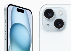 iPhone 15 in blue is shown from the front and back.