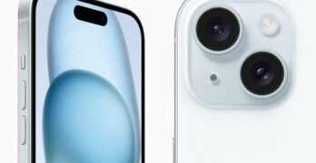 iPhone 15 in blue is shown from the front and back.