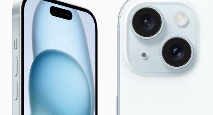 iPhone 15 in blue is shown from the front and back.