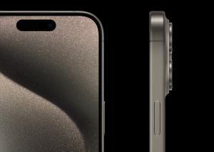A close-up of the Ceramic Shield front cover, thin borders, and contoured edges on iPhone 15 Pro.