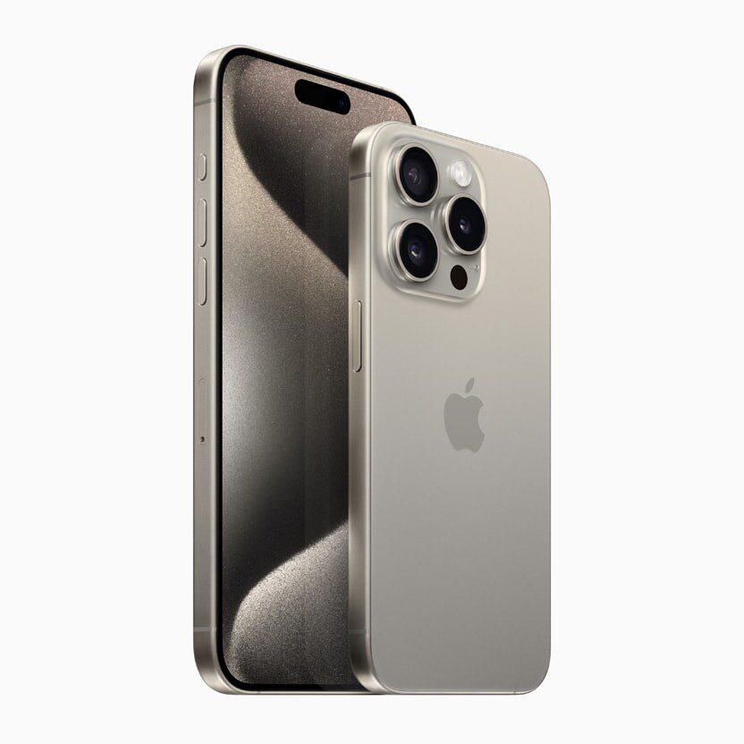 The iPhone 15 Pro lineup is shown in natural titanium.