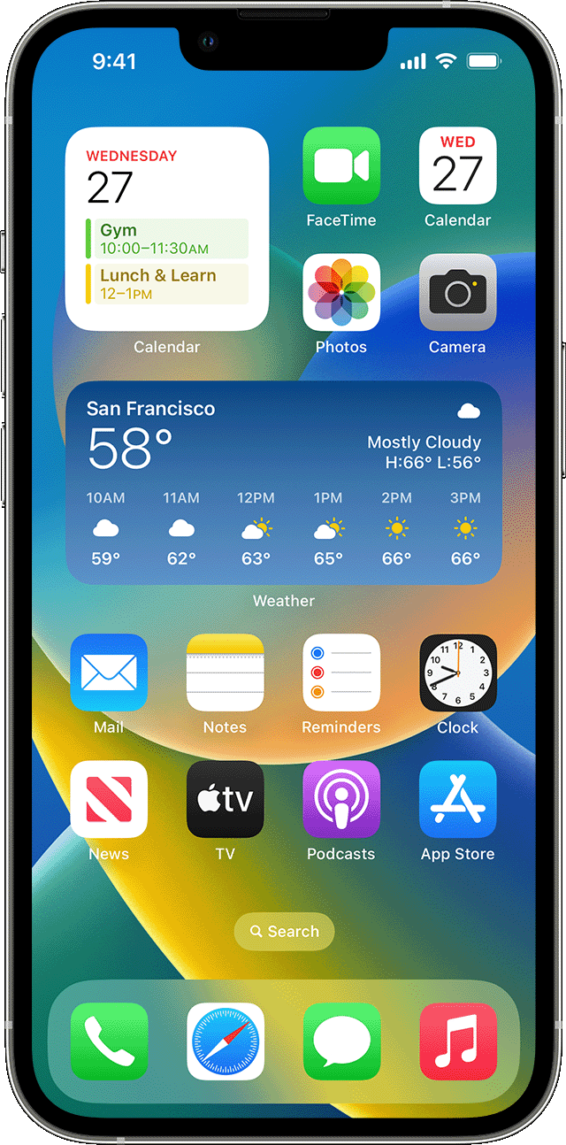 An iPhone showing widgets for weather and calendar events  