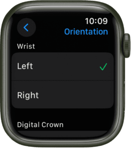 The Orientation screen on Apple Watch. You can set your wrist and Digital Crown preference.  